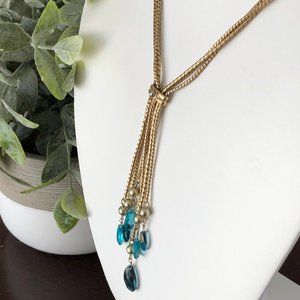 Lariat Necklace With Blue Crystals Gold Chain BinA